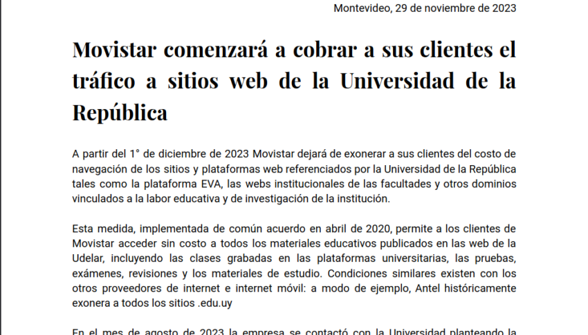 Movistar comenzará a cobrar a sus clientes el tráfico a sitios web de la Universidad de la República